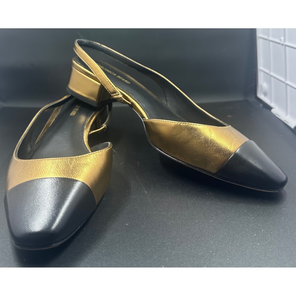 Veronica Beard Gold Metallic Black Cap Toe Slingback Block Heel Pumps 6.5M